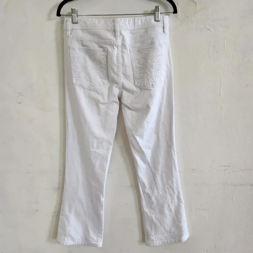 Tory Burch White Cropped Slim Boot Cut Jeans Size 28 Luxury Denim Logo Pockets